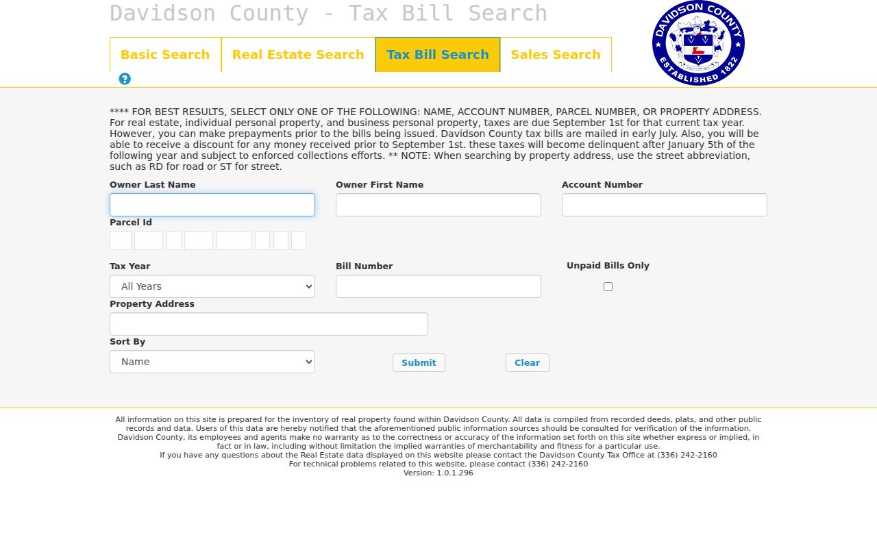 Thomasville street directory Davidson County tax bill search fields